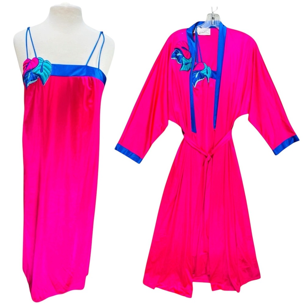 VTG Bright Pink Blue Gown Satin Slip Robe Set Tropical Monstera Leaf M Peignoir